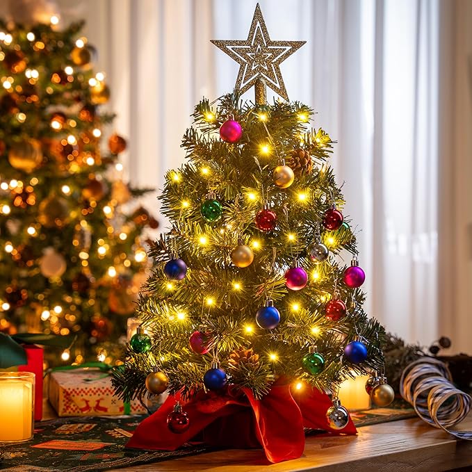 Joiedomi 24"/2FT Prelit Tabletop Christmas Tree with Warm Lights, Holly Berries, Pine Cones for Best Holiday Season Decorations Christmas Decoration Tree Decor for Indoor Xmas Tabletop Decor