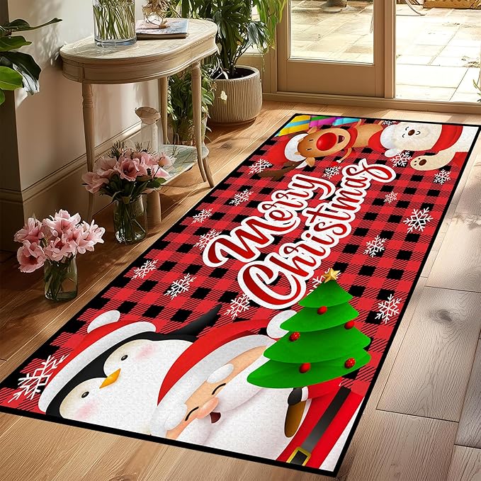 Christmas Rug Xmas Holiday Decorative Christmas Tree and Snowflake Pattern Welcome Mat for Home Decoration Non Slip Doormat Outdoor Indoor Entrance Floor Mat,79" X 39"