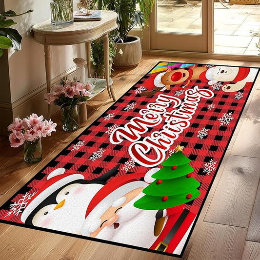 Christmas Rug Xmas Holiday Decorative Christmas Tree and Snowflake Pattern Welcome Mat for Home Decoration Non Slip Doormat Outdoor Indoor Entrance Floor Mat,79" X 39"