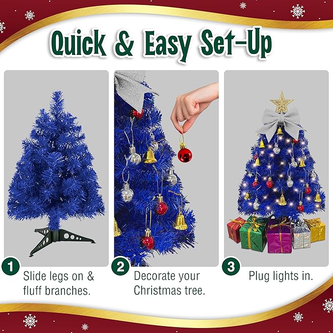 Small Blue Christmas Tree with Lights - 23 Inch Mini Tabletop Christmas Tree with Warm-White LED Lights, Hanging Ornaments, Decorative Bow and Gift Boxes - Table Tree for DIY Christmas Decoration