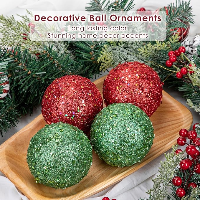 4" Large Christmas Balls Ornaments 6 Pcs Shatterproof Big Red Christmas Ornaments for Tree Bulk Glitter Big Xmas Tree Ornament for Xmas Halloween Holiday Wedding Party Decoration