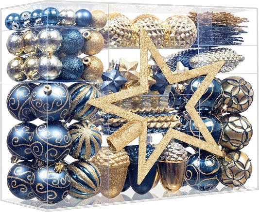 110Pcs Christmas Ball Ornaments Set, Assorted Blue and Gold Christmas Ornaments for Xmas Tree, Shatterproof Plastic Baubles Hanging Decorations for Holiday/Party/Wedding