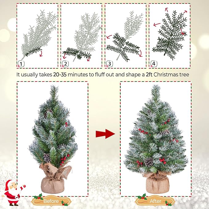 Yaheetech Set of 2 Pre-Lit Artificial Mini Christmas Tree, 2ft Frosted Tabletop Small Christmas Tree with LED Lights, Red Berries & Natural Pinecones for Holiday Decoration