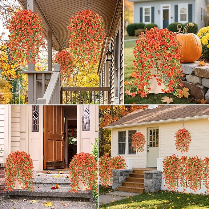 6 Bundles Artificial Fall Flowers for Outdoors Fake Plants Garden Home Fall Decor,UV Resistant Realistic Silk Faux Autumn Flower Indoor Outside Front Porch Patio Balcony Yard Farmhouse(Orange)