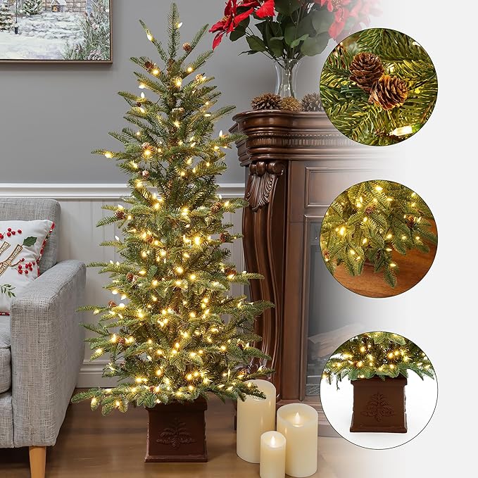 LuxenHome 5FT Potted Christmas Trees, Small Christmas Tree with 300 Warm White LED Lights, Slim Christmas Tree Pre-lit with Pine Cone and Brown Square Base, Artificial Trees for Holiday Decorations