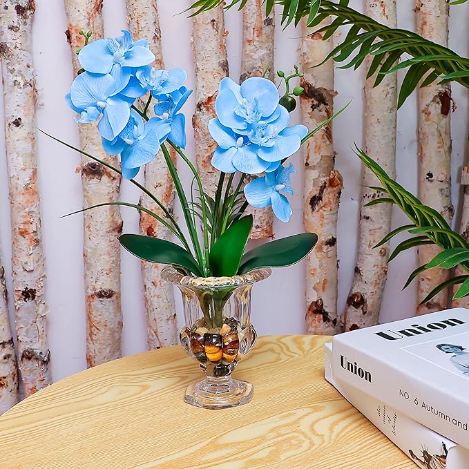 Jusdreen Artificial Blue Orchid in Glass Vase, Realistic Phalaenopsis Arrangement with Potting for Home Office Table Decor, 14.5 Inch Orchid Centerpiece