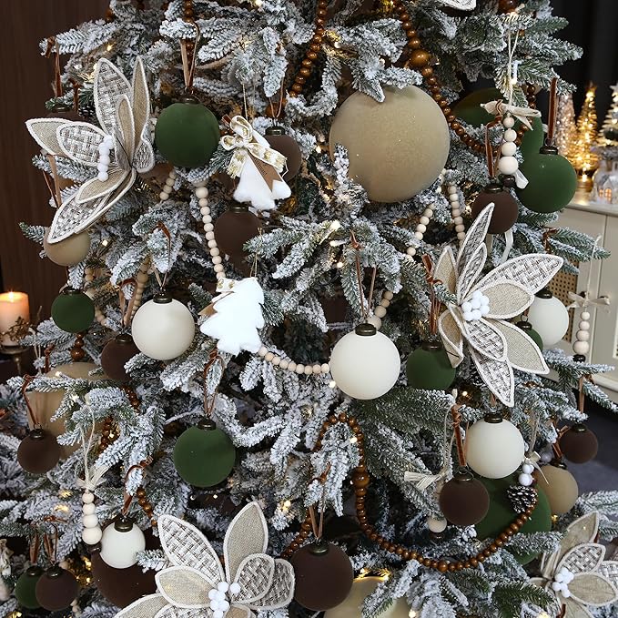 Sea Team 4-Pack Large Flocked Velvet Christmas Tree Ball Ornaments Set, Hanging Velour Baubles, Shatterproof Plastic Decorations for Xmas Tree, Wreath, Garland, 150mm/5.91 Inches, Beige