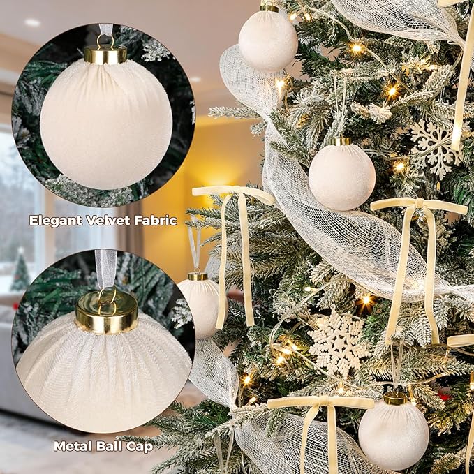 24 Pack Velvet Ornaments for Christmas Tree Decorations, 12 Pcs 3.15 Inch Large Neutral Christmas Ornaments Hanging Flocked Balls and 12 Pcs Velvet Bows for Xmas Tree Holiday Party Decor