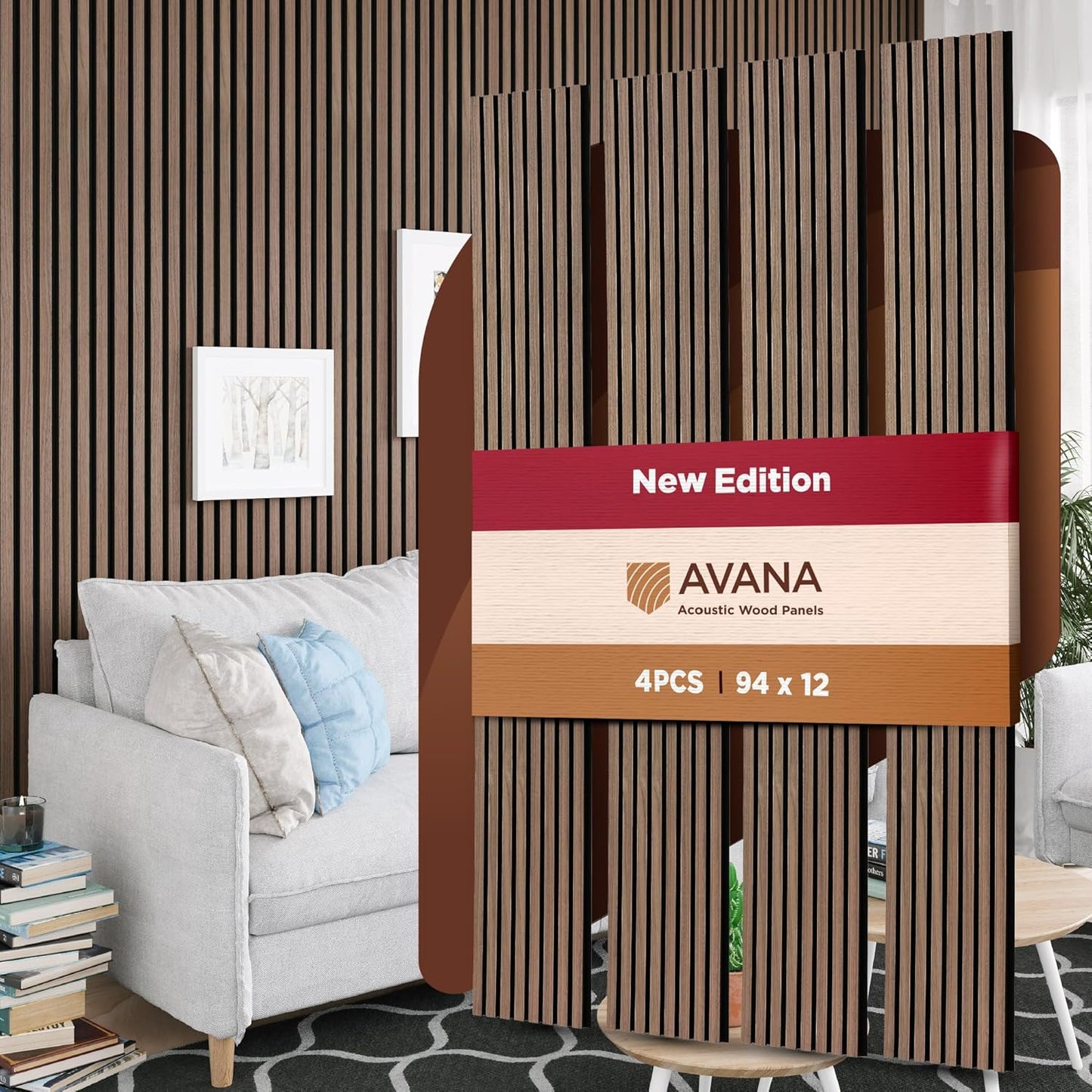 Avana Acoustic Wood Wall Panels – 94.4 X 12.6 Inch Walnut Acoustic Panels 4 PCs – Wall Panels For Interior Wall Decor For Homes, Offices, Studios – Sturdy And Durable Wood Panels For Wall