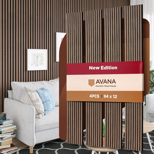 Avana Acoustic Wood Wall Panels – 94.4 X 12.6 Inch Walnut Acoustic Panels 4 PCs – Wall Panels For Interior Wall Decor For Homes, Offices, Studios – Sturdy And Durable Wood Panels For Wall