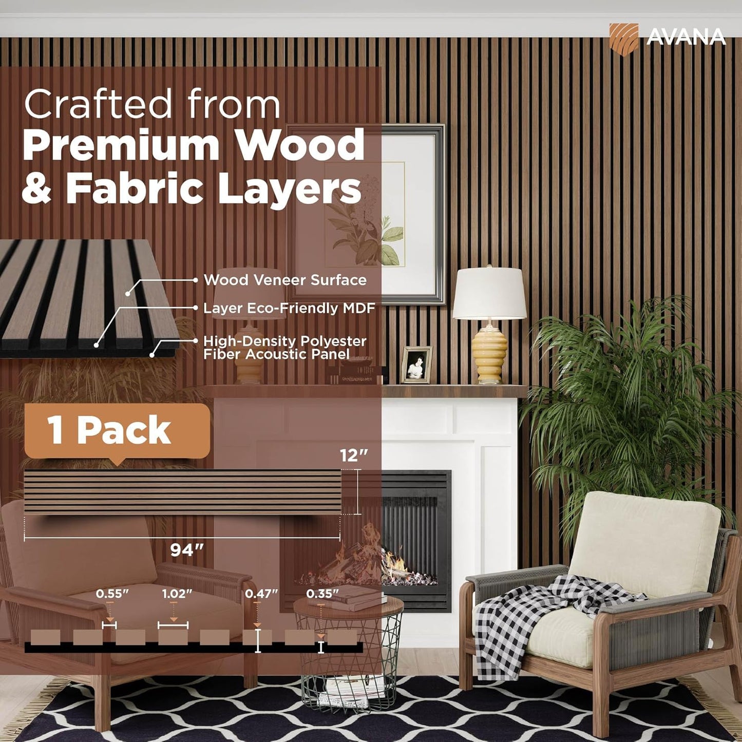 Avana Modern Acoustic Wood Wall Panels – 94.4 X 12.6 Inch Smoke Walnut Acoustic Panels 1 PC – Wall Panels For Interior Wall Decor For Homes, Offices, Studios – Sturdy And Durable Wood Panels For Wall