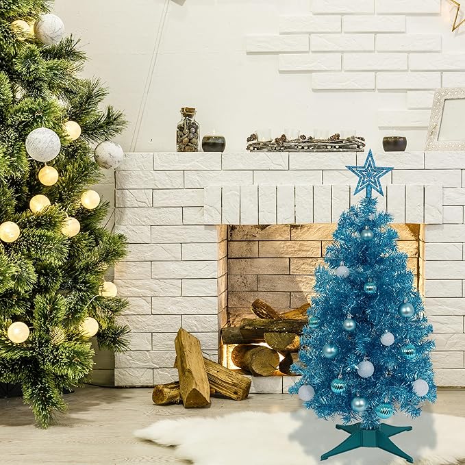 Sunshine Blue Christmas Tree with Light 3ft Artifical Full Christmas Tree with Ball & Star Ornaments 8 Lighting Modes for Holiday Decor