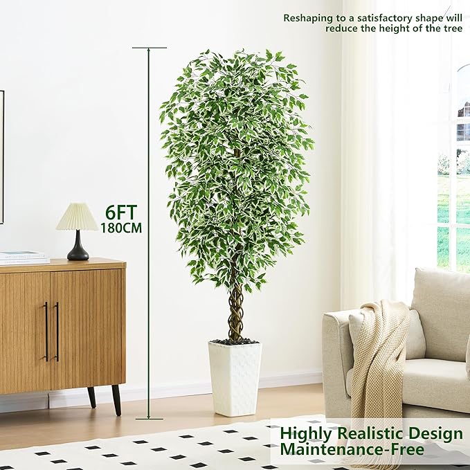Artificial Ficus Tree Indoor 6FT Fake Plants Large Artificial Plant with Crack White Tall Planter, Green Lifelike Lush Fake Ficus Tree for Home Living Room Bedroom Outdoor Balcony House Office Decor