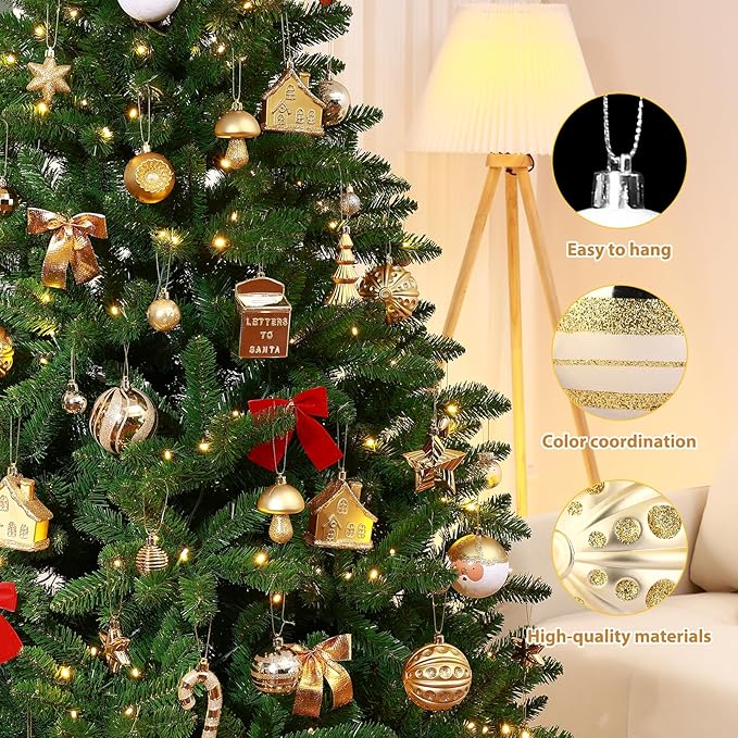 SHareconn 80ct Christmas Balls Ornaments Set, Shatterproof Plastic Colorful Xmas Decorative, Baubles for Tree Decorations with Hanging Strings,Deep Shallow Gold