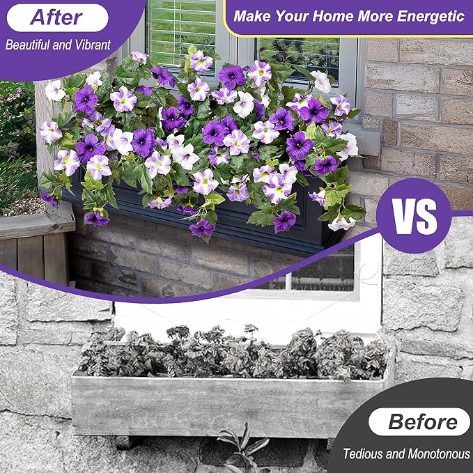 Artificial Fake Flowers Plants for Outdoor Decoration, 2PCS Faux Petunias Silk Flower UV Resistant No Fade for Home Outside Garden Balcony Yard Porch Realistic Indoor Decor (Purple White)