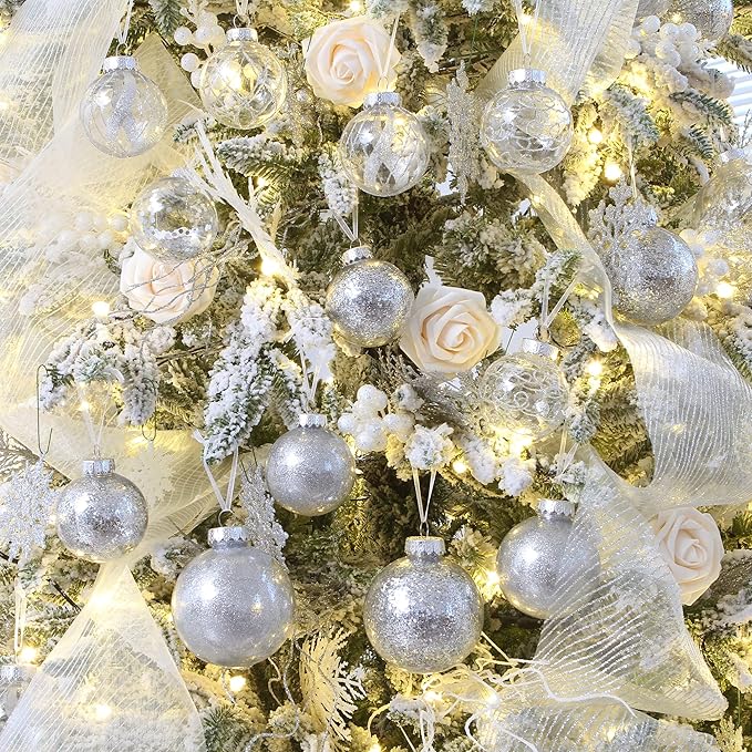 Sea Team Shatterproof Clear Plastic Christmas Ball Ornaments Decorative Xmas Balls Baubles Set with Stuffed Delicate Decorations (60mm/2.36 inch 30-Pack, Silver)