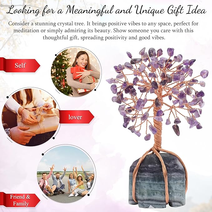 Amethyst Crystal Tree with Fluorite Rough Base Tree of Life Decor for Shelf, Bedroom, Birthday Gifts for Women, Sister Gifts, Birthday Gifts for Mom, Cute Home Decor Purple Decor Housewarming Present