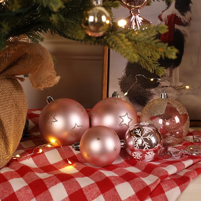 Alupssuc 65pcs Christmas Balls Ornaments Set, Shatterproof Plastic Baubles Gingerbread House, and Tree Topper for Xmas Tree Holiday Wedding Party Decorations with Hanging Strings, Gold & Pink