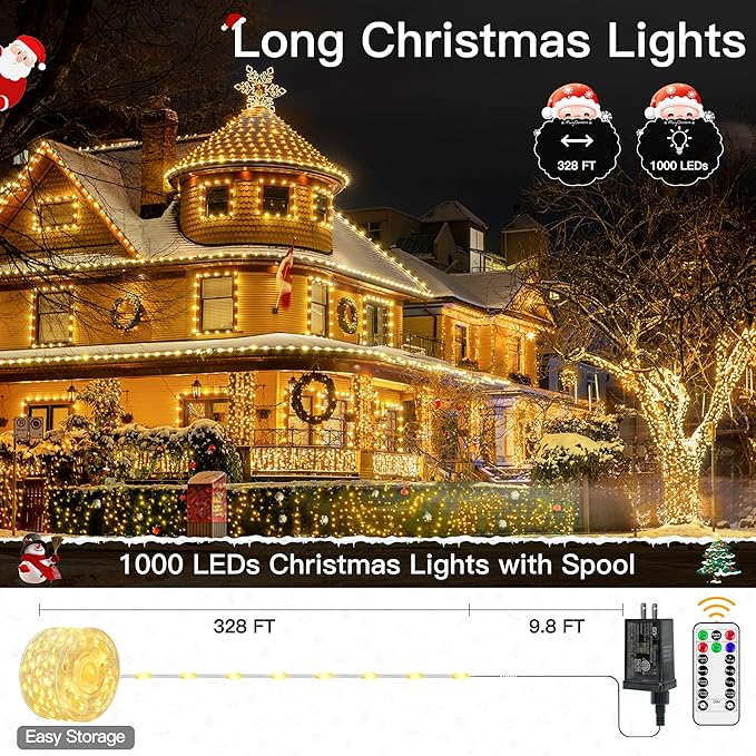 1000 LED 328 FT Outdoor Christmas Lights, IP67 Waterproof Twinkle String Lights with Remote 8 Modes and Timer Memory Function, Fairy Light for Holiday Garden Party Decorations(Warm White)