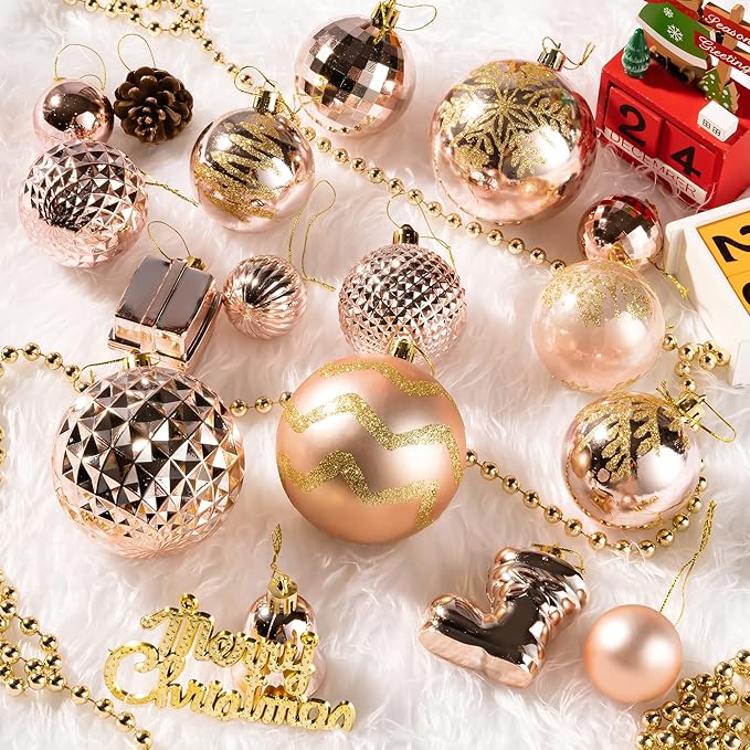 Rose Gold Christmas Ball Ornaments - 116Pc Shatterproof Hanging Decoration Set with Gift Box, Assorted Baubles for Xmas Tree/Home/Wedding/Party/Holiday