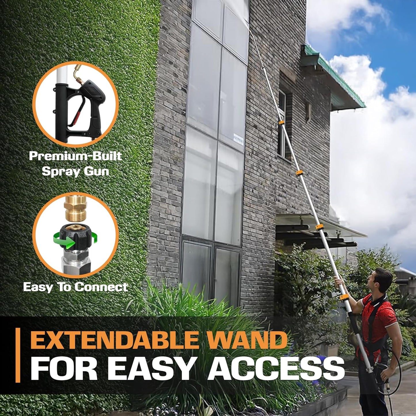 EDOU 20 ft Telescoping Pressure Washer Wand - Power Washer Gutter Cleaner Tool - 4,000 PSI Extension Pole with 1/4" Quick Connection, 5 Spray Nozzles, 2 Couplers, and Support Harness