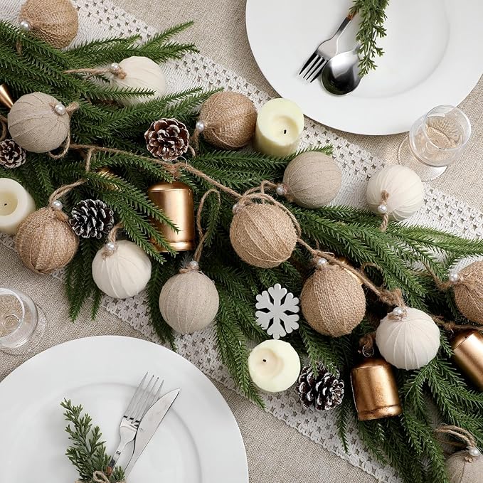 Syhood 24 Pcs Rustic Christmas Ball 2.36 Inch Neutral Farmhouse Christmas Tree Ornaments Shatterproof Hanging Burlap Fabric Textured Ball for Xmas Tree Party Garlands Wreath Home Decor