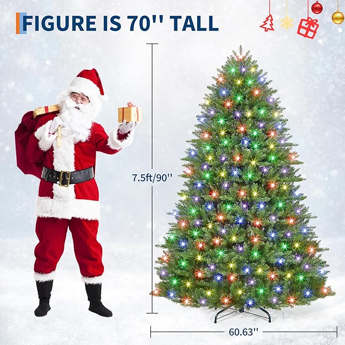 7.5FT Pre-Lit Artificial Christmas Tree with Color Lights,Green PE & PVC Artificial Xmas Tree,Easy Assembly, Full Branch Tips& Foldable Stand for Home, Office, Party Decoration for Xmas Holiday