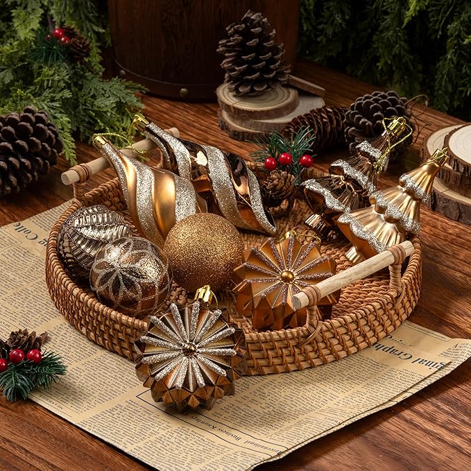 108 Pcs Christmas Ball Ornaments Set, Bronze Copper Brown Gold Shatterproof Hand-Painted Hanging Bulbs Bulk, Decoration for Fall Thanksgiving Harvest Xmas Tree Home Holiday Decor