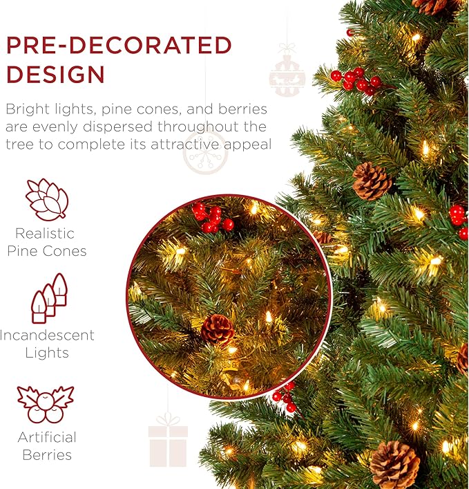 Best Choice Products 4.5ft Pre-Lit Pre-Decorated Spruce Hinged Artificial Christmas Tree w/ 398 Tips, Pinecones, Berries, 150 Lights, Metal Base