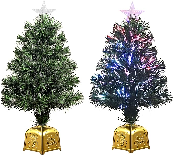 24inch Green Pre-lit Fiber Optic Christmas Tree,Tabletop Artificial mini Xmas Tree with Gold Base Pot, Stars for Holiday Home Decorations