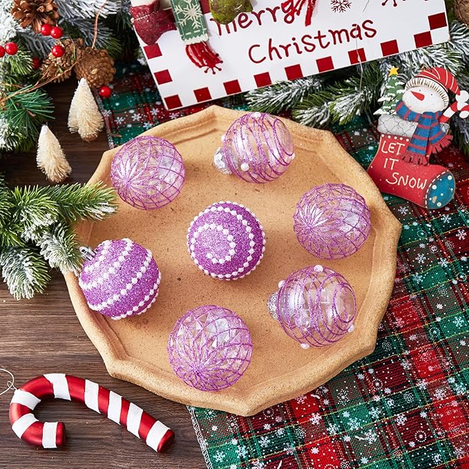 12CT Christmas Ball Ornaments Purple Shatterproof Clear Large Plastic Christmas Tree Decoration, Delicate Hanging Ornaments for Xmas Party, Wedding, Holiday and Home Décor(70mm/2.76")