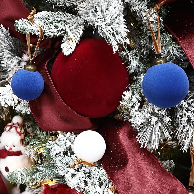 Sea Team 4-Pack Large Flocked Velvet Christmas Tree Ball Ornaments Set, Hanging Velour Baubles, Shatterproof Plastic Decorations for Xmas Tree, Wreath, Garland, 150mm/5.91 Inches, Burgundy