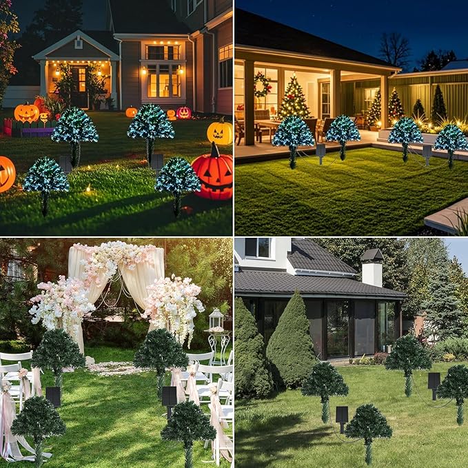 2 Pack Outdoor Christmas Tree with Lights, Fiber Optic Xmas Trees Battery Operated with Multi-Color LEDs, 24 Inch Artificial Solar Power Christmas Tree for Porch Yard Garden Christmas Decor