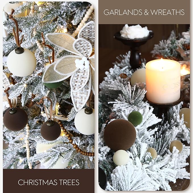 Sea Team 16-Pack Flocked Velvet Christmas Tree Ball Ornaments Set, Hanging Velour Baubles, Shatterproof Plastic Decorations for Xmas Tree, Wreath, Garland, 80mm/3.15 Inches, Brown