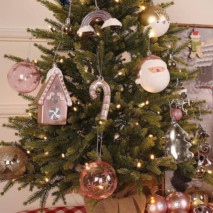 Alupssuc 65pcs Christmas Balls Ornaments Set, Shatterproof Plastic Baubles Gold Gingerbread House, and Tree Topper for Xmas Tree Holiday Wedding Party Decorations with Hanging Strings, Macaron Pink
