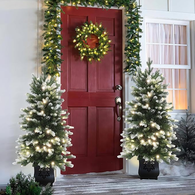 LuxenHome 4FT Potted Christmas Tree, Prelit Small Christmas Trees with 100 Warm White LED Lights, Slim Faux Tree Pre-lit with Black Square Base, Artificial Pine Trees for Indoor, Outdoor Holiday Decor