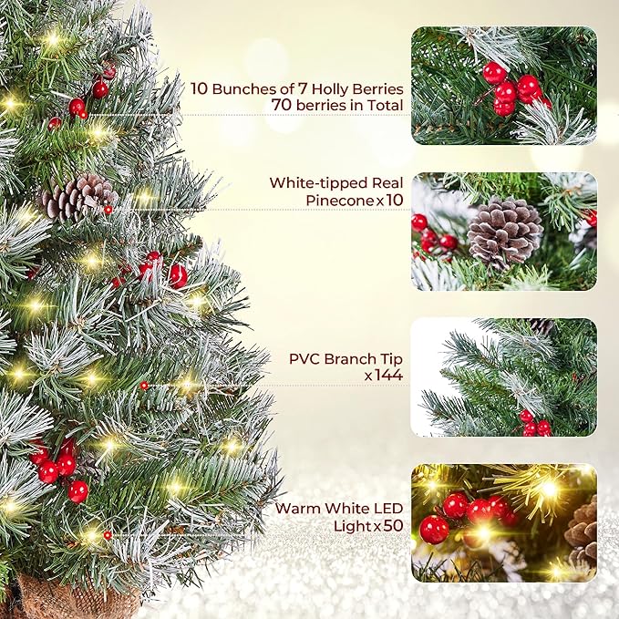 Yaheetech Set of 2 Pre-Lit Artificial Mini Christmas Tree, 3ft Frosted Tabletop Small Christmas Tree with LED Lights, Red Berries & Natural Pinecones for Holiday Decoration