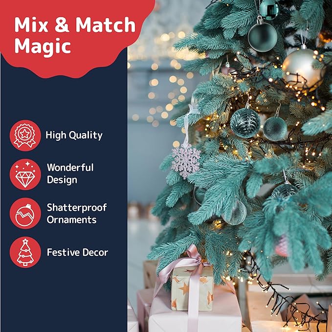Prextex 36-Pieces Christmas Ornaments Set - Shatterproof, Festive Olive Green Christmas Tree Balls Decorations in 3 Sizes and 6 Styles with Hanging Loops for Tree, Wreath, Dazzling Holiday Party Decor