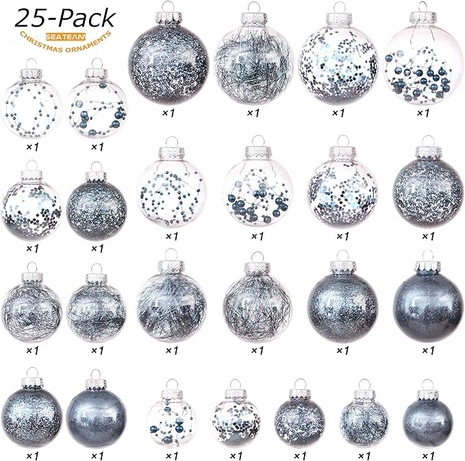 Sea Team Multi-Size Shatterproof Clear Plastic Christmas Tree Ball Ornaments Set, Decorative Hanging Transparent Xmas Baubles with Stuffed Delicate Decorations (25 Counts, Stone Blue)