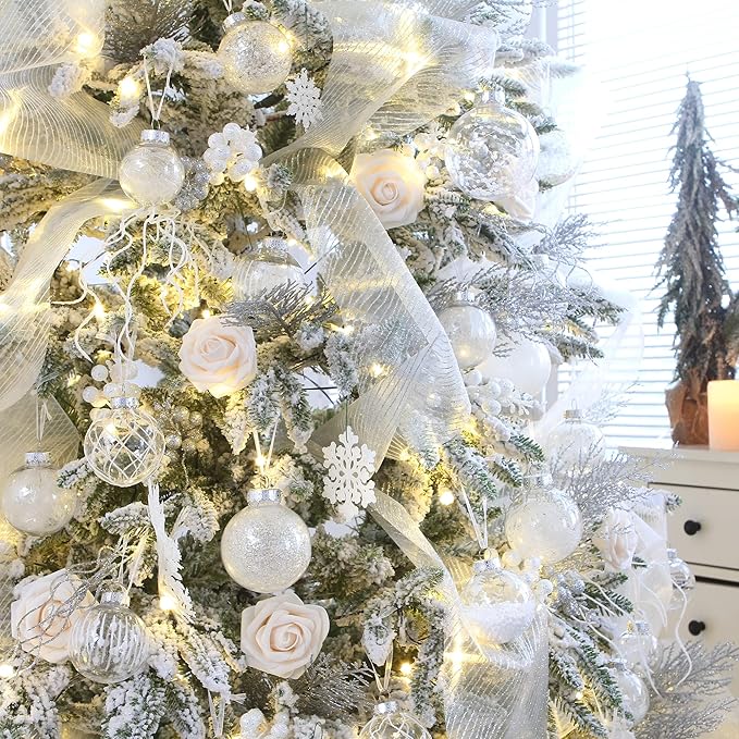 Sea Team Shatterproof Clear Plastic Christmas Ball Ornaments Decorative Xmas Balls Baubles Set with Stuffed Delicate Decorations (60mm/2.36 inch 30-Pack, White)