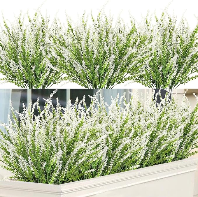 Ouddy Decor 12 Bundles Artificial Lavender Fake Flowers Faux Plastic Plants for Home Wedding Kitchen Garden Patio Window Box Office Table Centerpieces Indoor Outdoor Decor, White