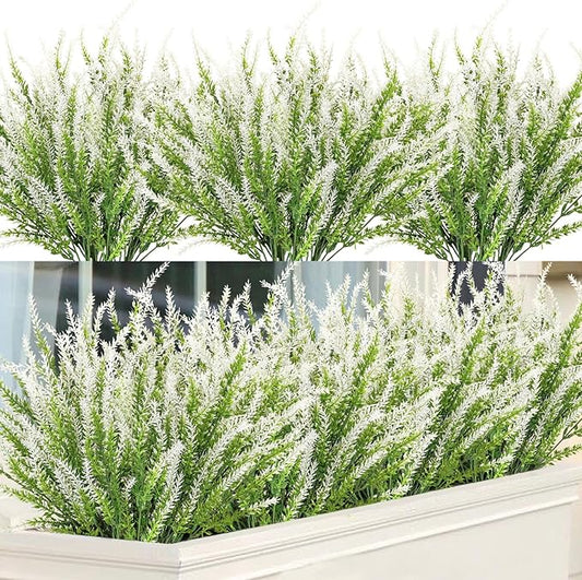 Ouddy Decor 12 Bundles Artificial Lavender Fake Flowers Faux Plastic Plants for Home Wedding Kitchen Garden Patio Window Box Office Table Centerpieces Indoor Outdoor Decor, White