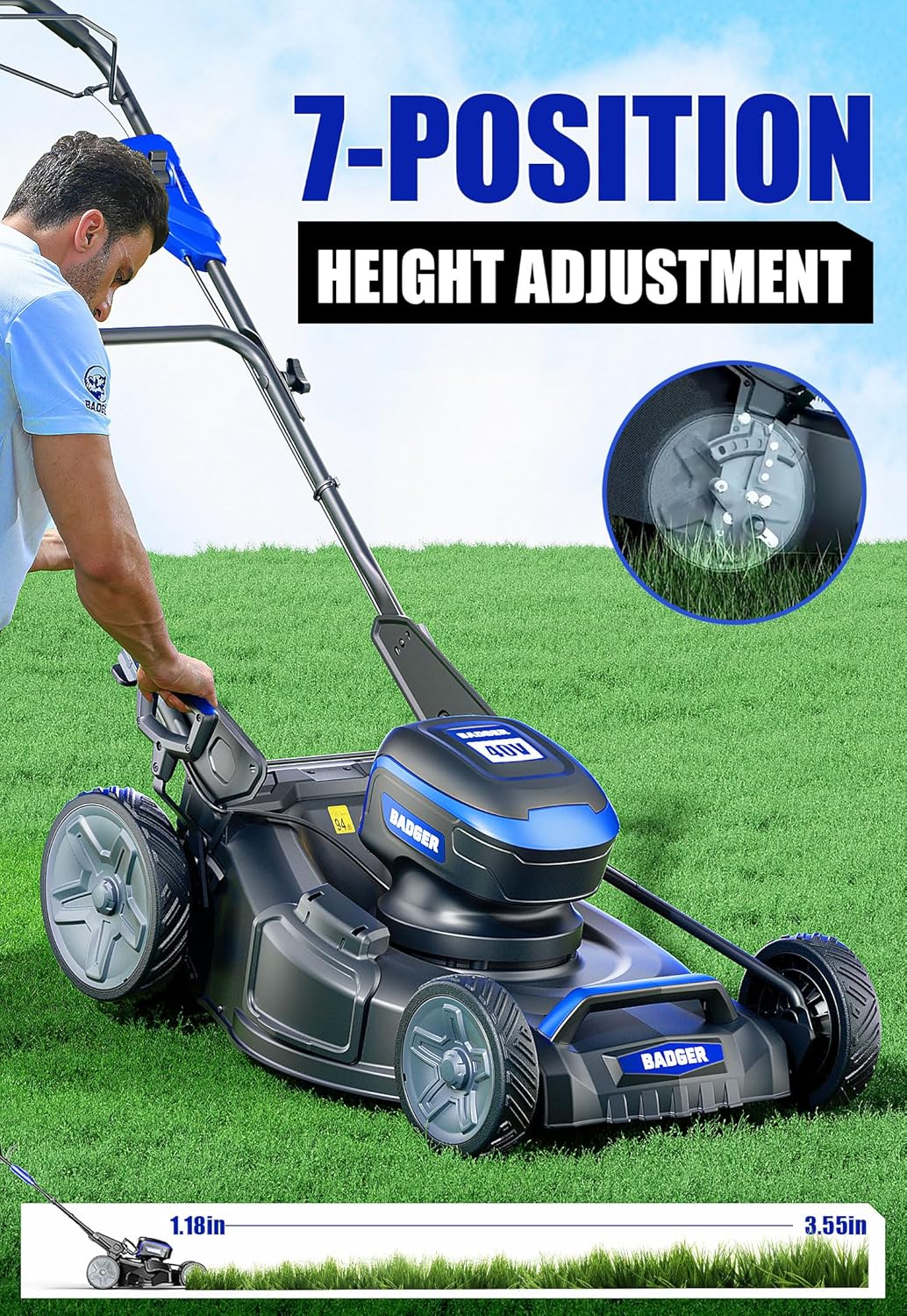 WILD BADGER POWER Lawn Mower Self Propelled 40V Brushless 21" Cordless, 7 Cutting Height Adjustments Electric Lawn Mower, Quickly Folding, 2 * 4.0Ah Battery and1*2Ah Super Charger Included