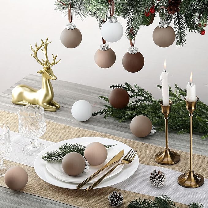 12 Pcs Neutral Matte Christmas Ball Ornaments 2.4 Inch Rustic Boho Cream Beige Tan Brown Xmas Bulbs Ornament Vintage Xmas Baubles Modern Christmas Decor for Tree Farmhouse Decor