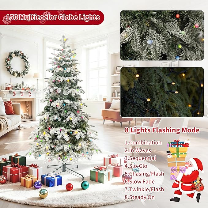 5ft Prelit Christmas Tree, Artificial Snow Flocked Christmas Tree with 140 Multicolor Lights, PE & PVC Mixed Layered Christmas Trees with Metal Stand, Xmas Tree for Holiday Decor