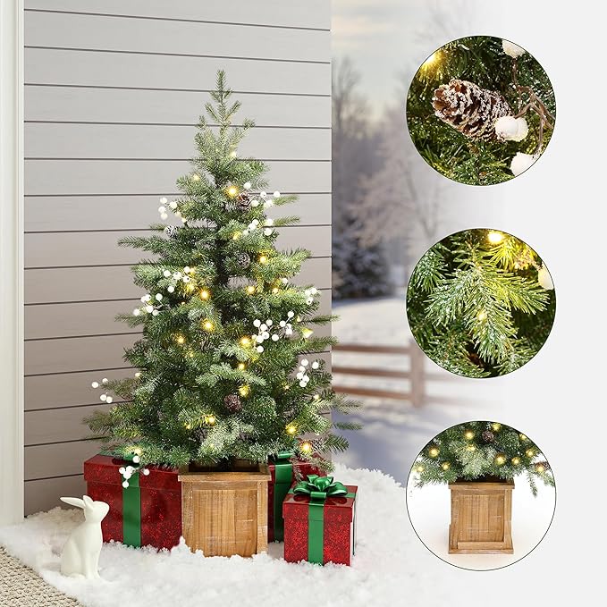 LuxenHome 4FT Potted Flocked Christmas Tree, Small Christmas Tree Prelit with 70 Warm White LED Lights, Berries and Pine Cones, Lighted Pencil Artificial Christmas Trees with Planter Indoor & Outdoor
