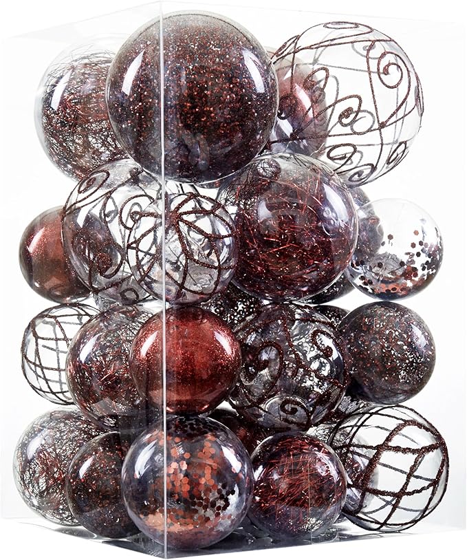 Wironlst Christmas Ball Ornaments Shatterproof Clear Large Plastic Hanging Ball Decorative Baubles Set with Stuffed Delicate Decorations (Multi-Siz, Brown)