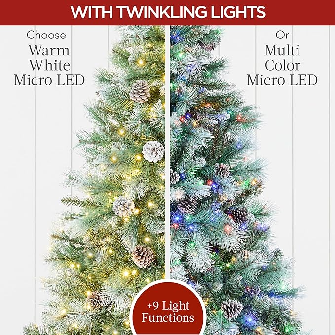 Best Choice Products Full Scotch Pine Christmas Tree, 6ft Pre-Lit Frosted Holiday Decor w/ 1,200 Twinkling Micro LED Lights, 2-in-1 White & Multicolor