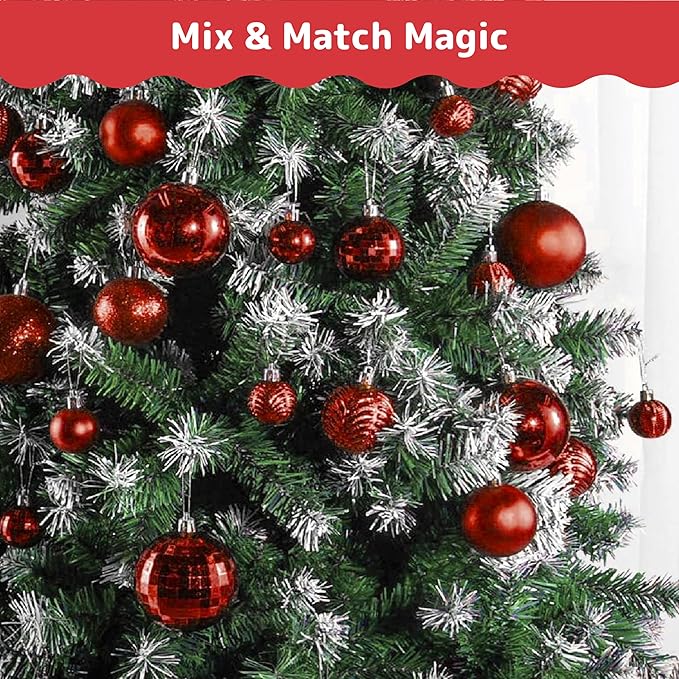 Prextex 36-Pieces Red Christmas Ornaments Set - Shatterproof, Festive Christmas Balls Decorations in 3 Sizes and 6 Styles with Hanging Loops for Tree, Wreath, and Dazzling Holiday Party Decor