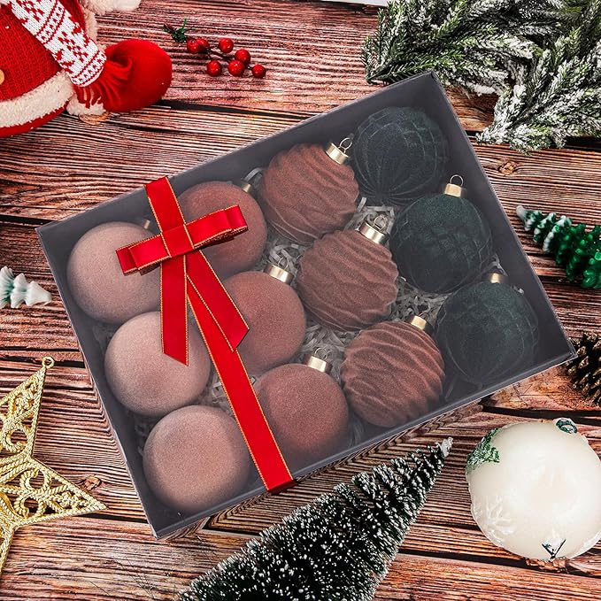 Festiva Christmas Tree Ornaments Velvet Balls - 12 Pcs Neutral/Brown/Green Shatterproof Christmas Tree Ornaments Velvet Balls, for Xmas Wedding Party Holiday Decorations (Gift Box)